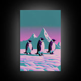 Retrowave Penguins in the Arctic, synthwave style wall art, Antarctica art, framed canvas print, cute animal prints