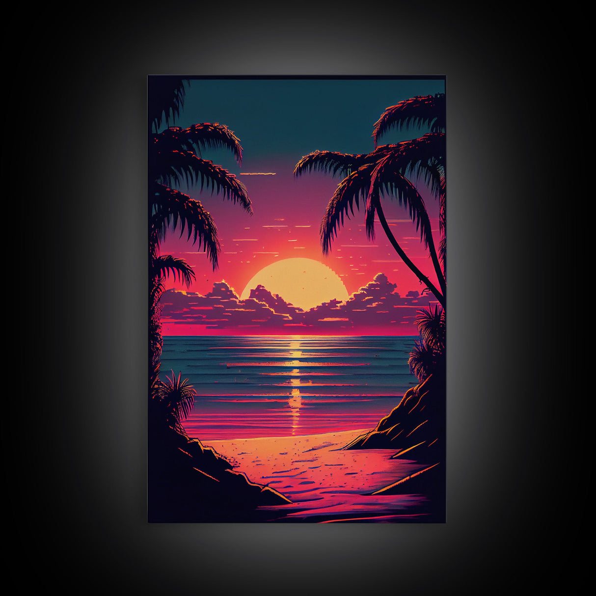 8 bit pixel art sunset, synthwave style palm tree beach, framed canvas print, framed wall art painting