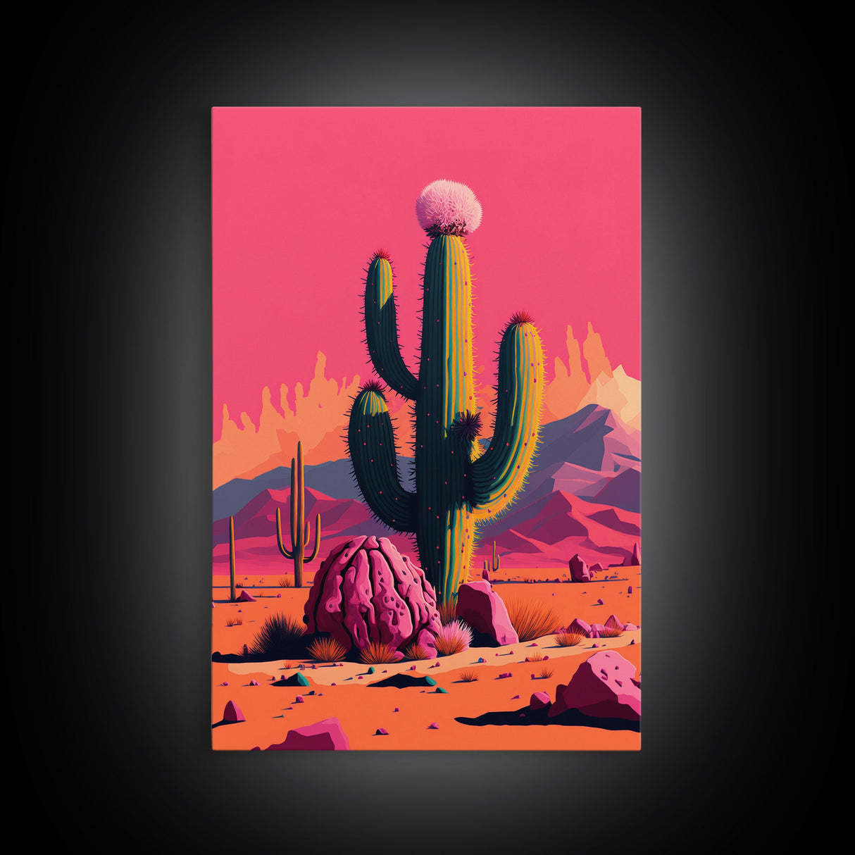 Mexico Cactus Art, Synthwave Pink Art, Framed Canvas Print, Southwest Saguaro Cactus Succulent Art, Western Decor