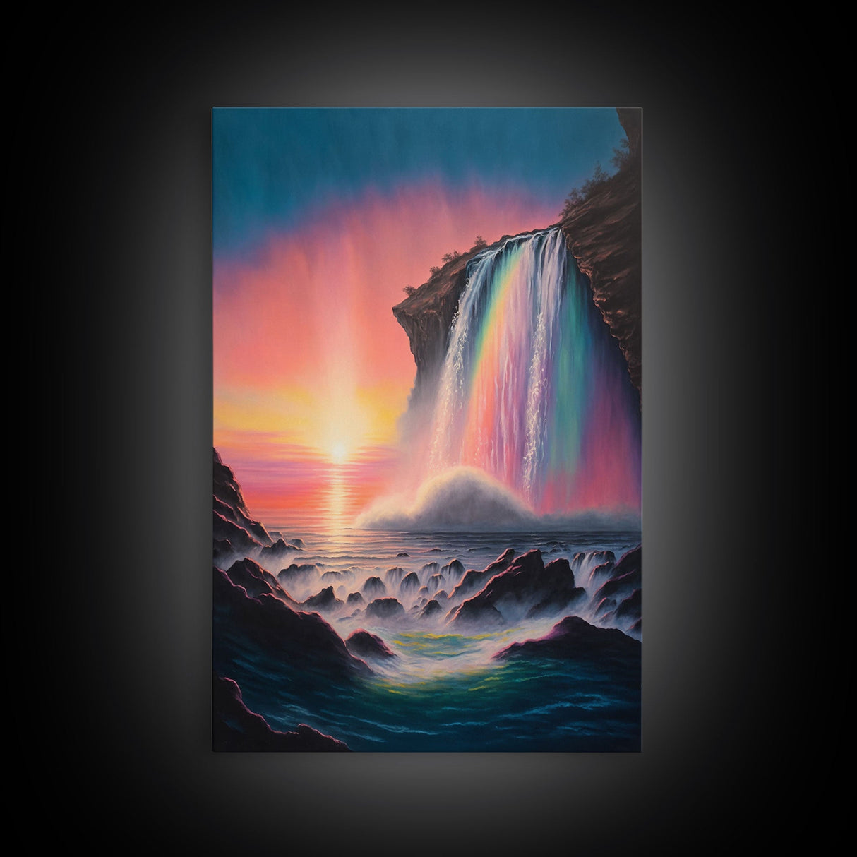 A Mythical Waterfall and Rainbow pouring Into the ocean blue at sunset, framed canvas print