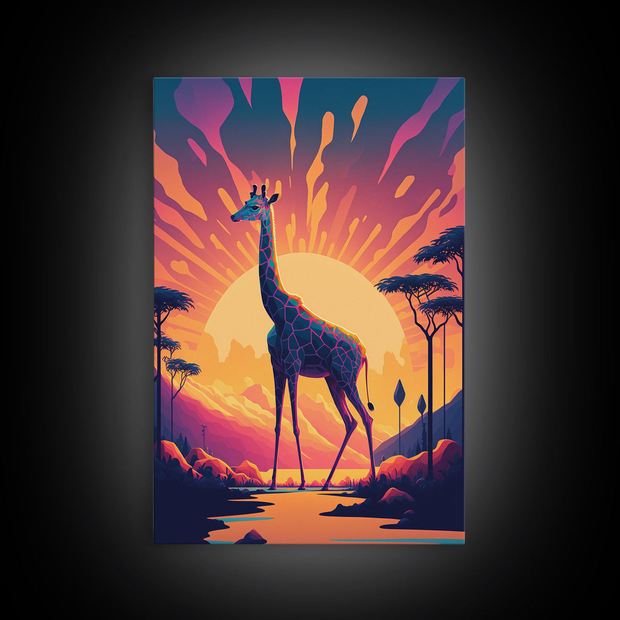 Retro Style Pop Art Giraffe Art, Synthwave Line Art, Framed Canvas Print, 80s Style Art, Outrun Style Animal Prints