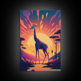 Retro Style Pop Art Giraffe Art, Synthwave Line Art, Framed Canvas Print, 80s Style Art, Outrun Style Animal Prints