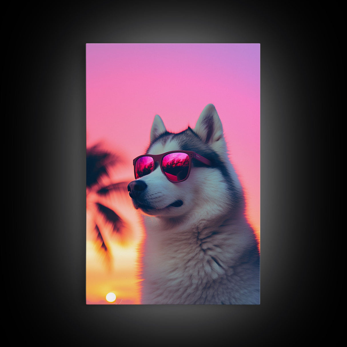 Siberian Husky In Pink Sunglasses Wall Print, Beach Art, Dog Print, Dog Portrait, Framed Wall Art, Framed Canvas, Wall Print, Wall Canvas