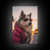 Siberian Husky In Pink Jacket Sunglasses Wall Print, Beach, Dog Print, Dog Portrait, Framed Wall Art, Framed Canvas, Wall Print, Wall Canvas