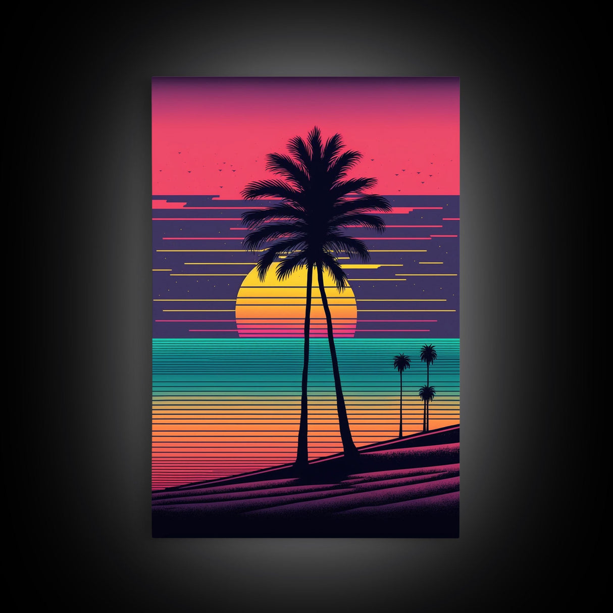 Beach Vibes, 3 Panel Wall Art, Framed Canvas Prints, Triptych Art, 3 Piece, 80s Vibes Vaporwave Wall Art, Life Guard Hut and Palm Trees