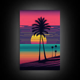 Beach Vibes, 3 Panel Wall Art, Framed Canvas Prints, Triptych Art, 3 Piece, 80s Vibes Vaporwave Wall Art, Life Guard Hut and Palm Trees