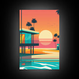 Midcentury / At Deco / Vaporwave mashup, Palm Trees & Beach Art, Framed Canvas Prints, 3 Panel Triptych Art, 80s Vibes