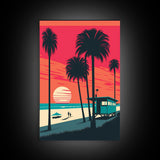 Beach Vibes - Midcentury / Art Deco / 80 Vibes Mash up - Framed Canvas Prints - Turquoise Sky and Palme Trees - 3 Panel Art, Triptych Prints