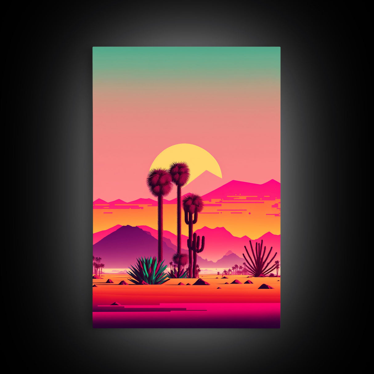 3 Piece Framed Canvas Wall Art, Synthwave / Vaporwave Sunset, Palme Trees and Cactus, Mid Century Modern Home Artwork Boho Decor for Bedroom