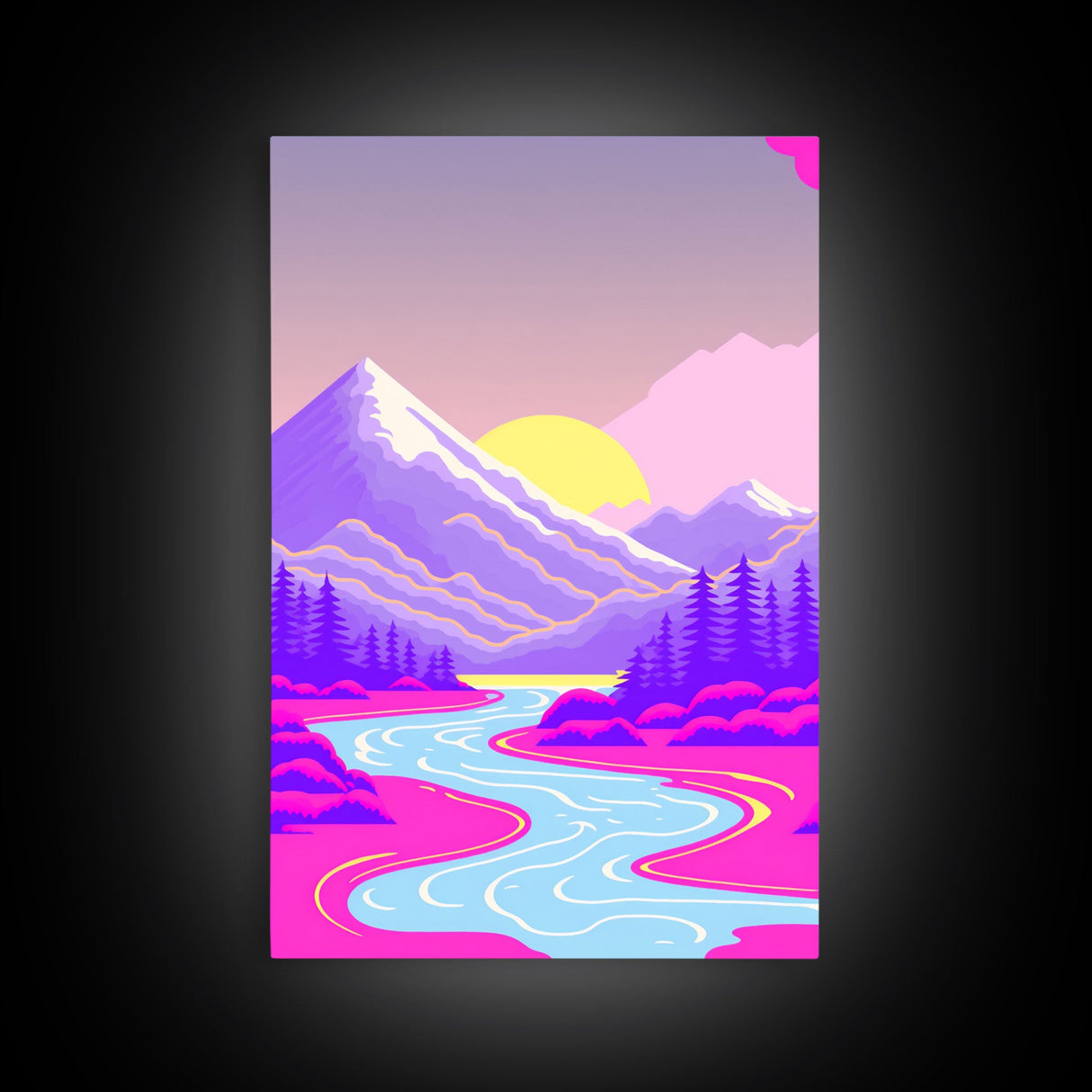 Vaporwave Aesthetic Mountain Landscape Prints, Framed Canvas Art, 3 Panel Art Set, 3 Piece Art, Retro Feel Minimalist Abstract Art