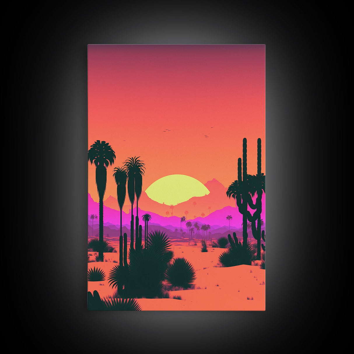 Retro Art Deco Style Minimalist Desert Landscape Print, Framed Canvas Art, Synthwave Style, Southwestern Decor, Western Art, Guest Room