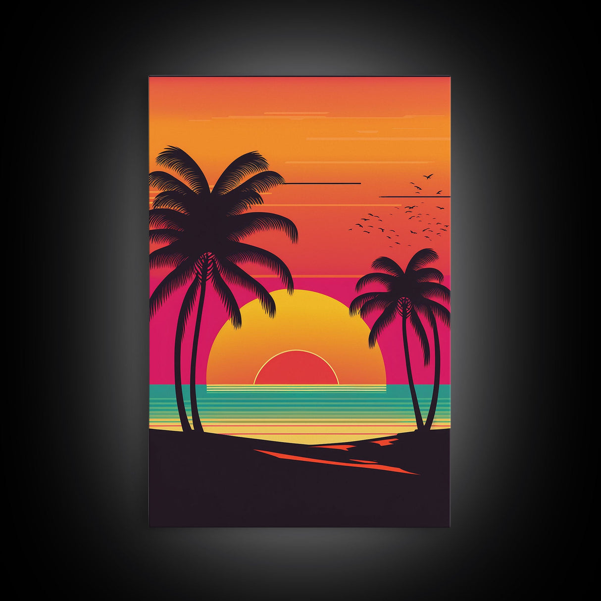 Retro Beach Vibes, Palm Trees at Sunset, Retrowave Landscape Art, Framed Canvas Print,  Florida Art, California Art, Game Room Decor