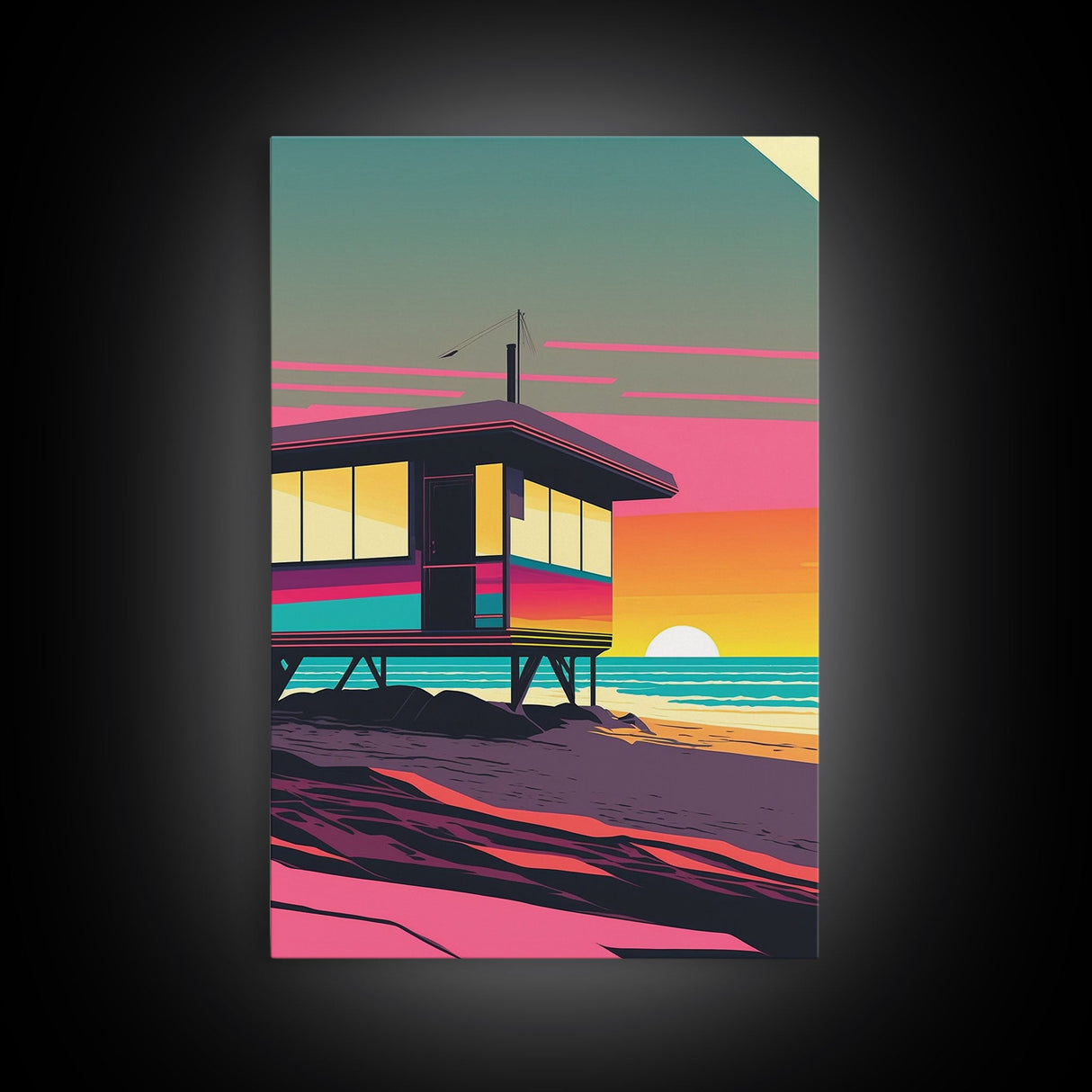 Synthwave Sunset Beach California Lifeguard Hut Framed Canvas Print, Retro Style, 80s Vibes, Turquoise Beach Art