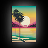 Framed Canvas Print - Art Deco Sunset Scene - Mountains, Palmtrees & Beaches - Retro Style Art - Living Room Decor