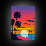 Framed Canvas Print - Art Deco Sunset, Beaches, Minimalist, Palmtrees, Retro Style, Synthwave, Vaporwave, 80s Style Decor, Palme Trees