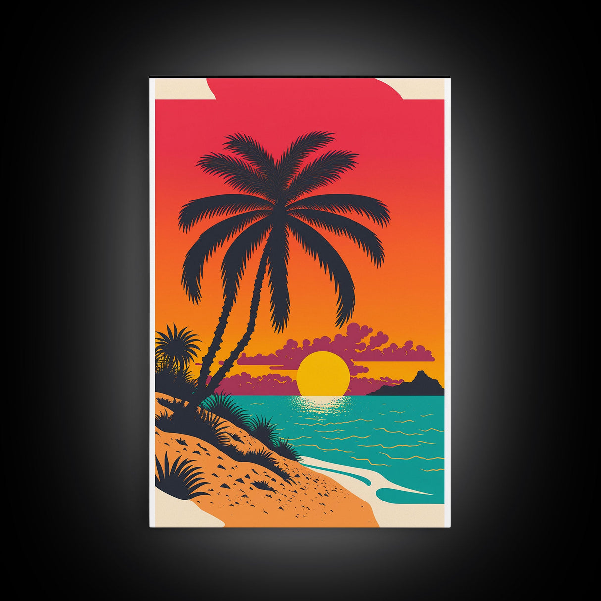 Framed Canvas Print - Art Deco Sunset, Beaches, Minimalist Palm trees - Island Vibes - Retro Tropical Art - Pop Art Beach Decor