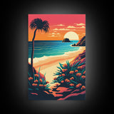 Framed Canvas Print | Art Deco Sunset, Beach, Palm Trees, Retro Style, Synthwave, Vaporwave, Island Vibes, Minimalist Beach Art