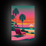 Framed Canvas Print – Art Deco Sunset Beach, Minimalist, Retro, Palm Trees, Synthwave, Vaporwave, Island Vibes, Lounging, Synthwave Deco