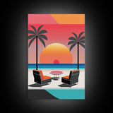 Framed Canvas Print - Art Deco Sunset, Minimalist Beach, Palm Trees, Retro Style, Synthwave, Vaporwave, Minimalist Abstract Decor