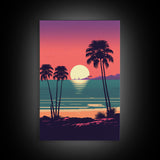 Framed Canvas Print - Art Deco Sunset, Palm Trees, Synthwave Vibes, Beach Decor, Vaporwave Pink Art, Miami Vibes