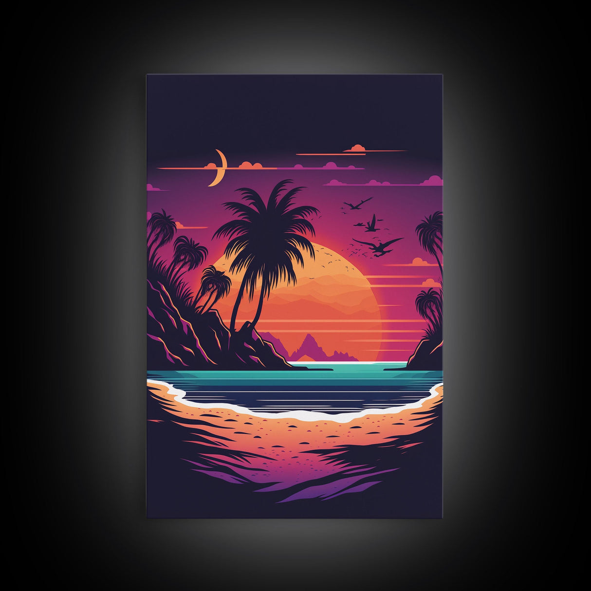 Framed Canvas Print - Pop Art Style Beach at Sunset with Palm Trees - Retro Style - Living Room / Office / Bedroom Wall Art