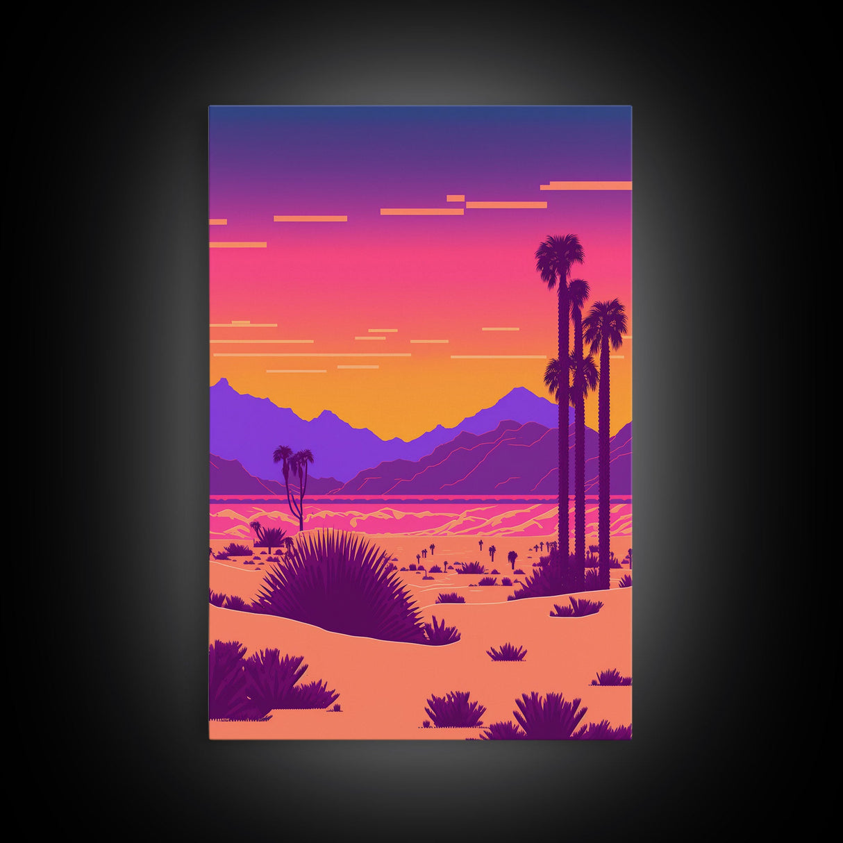 Retro Outrun Style Desert Landscape Print, Framed Canvas Art, Synthwave Style, Southwestern Decor, Western Art, Guest Room Decor