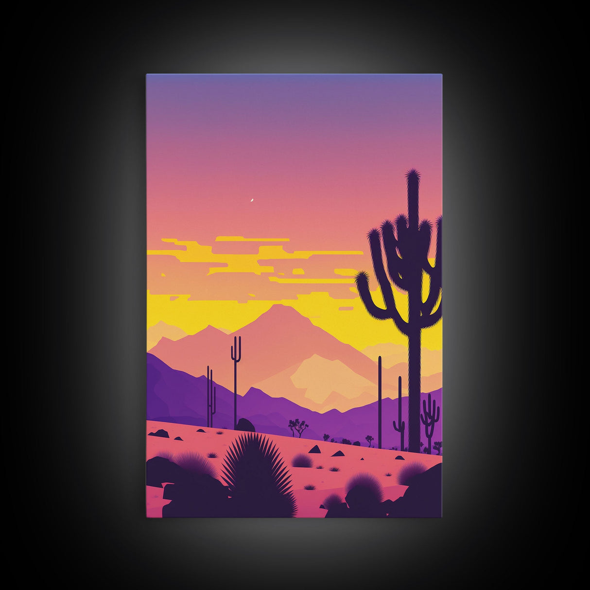 Synthwave Art Deco Style Minimalist Desert Landscape Print, Framed Canvas Art, Synthwave Style, Southwestern Decor, Western Art, Living Room