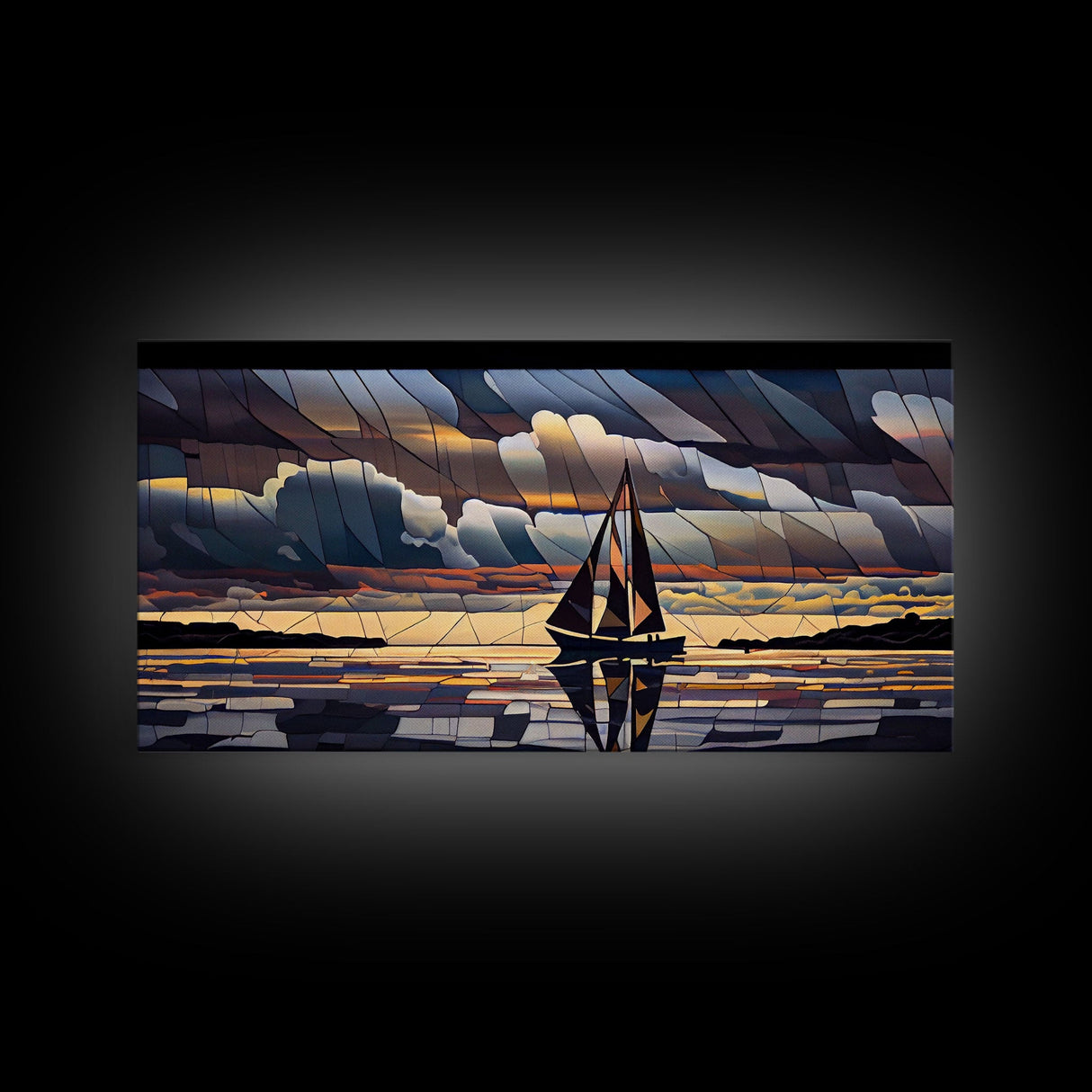 Art Deco Stained Glass Sail Boat Wall Art | Framed Canvas Print | Nautical Art | Seascape Art | Beach House Decor