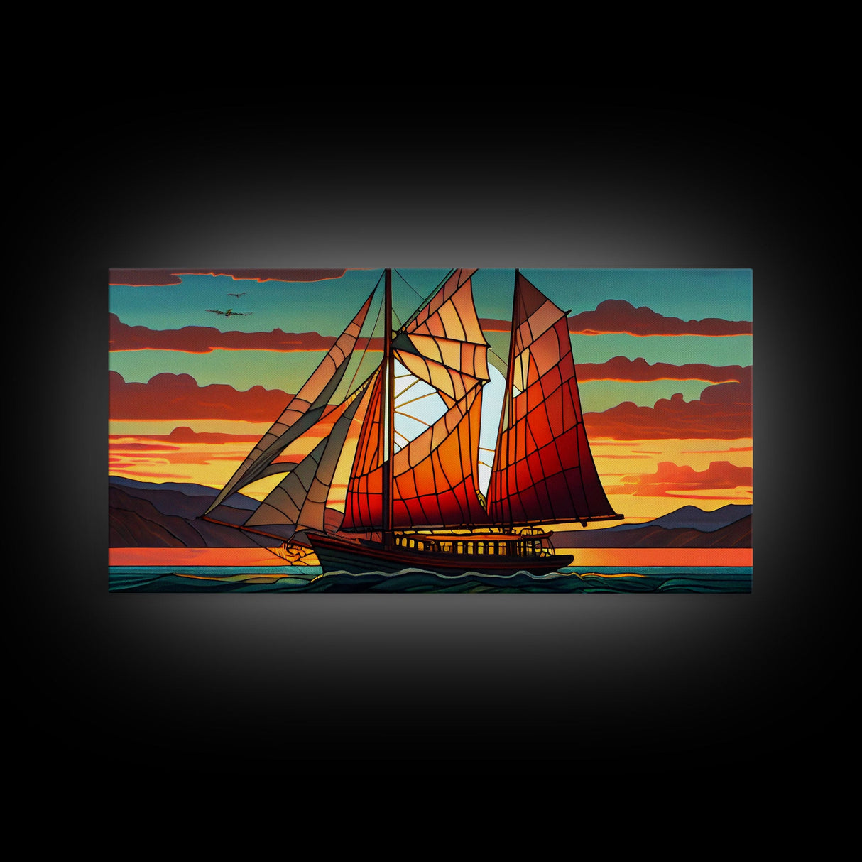 Art Deco Stained Glass Sail Boat Wall Art | Framed Canvas Print | Nautical Art | Seascape Art | Beach House Decor