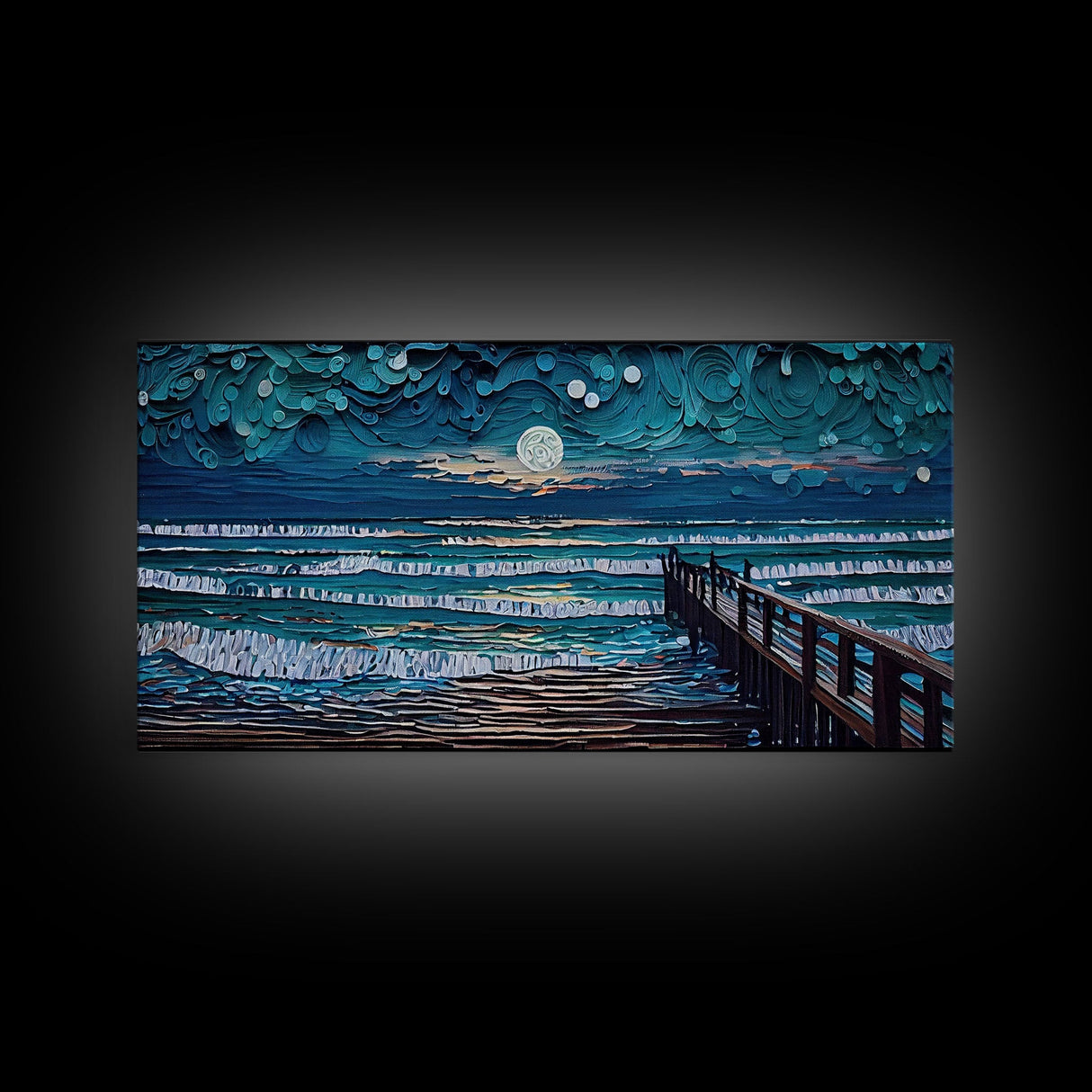 Full Moon Over Beach & Ocean Waves - Framed Canvas Print - Lighthouse and Beach Art - Lakehouse Art - Beach House - Living Room Decor