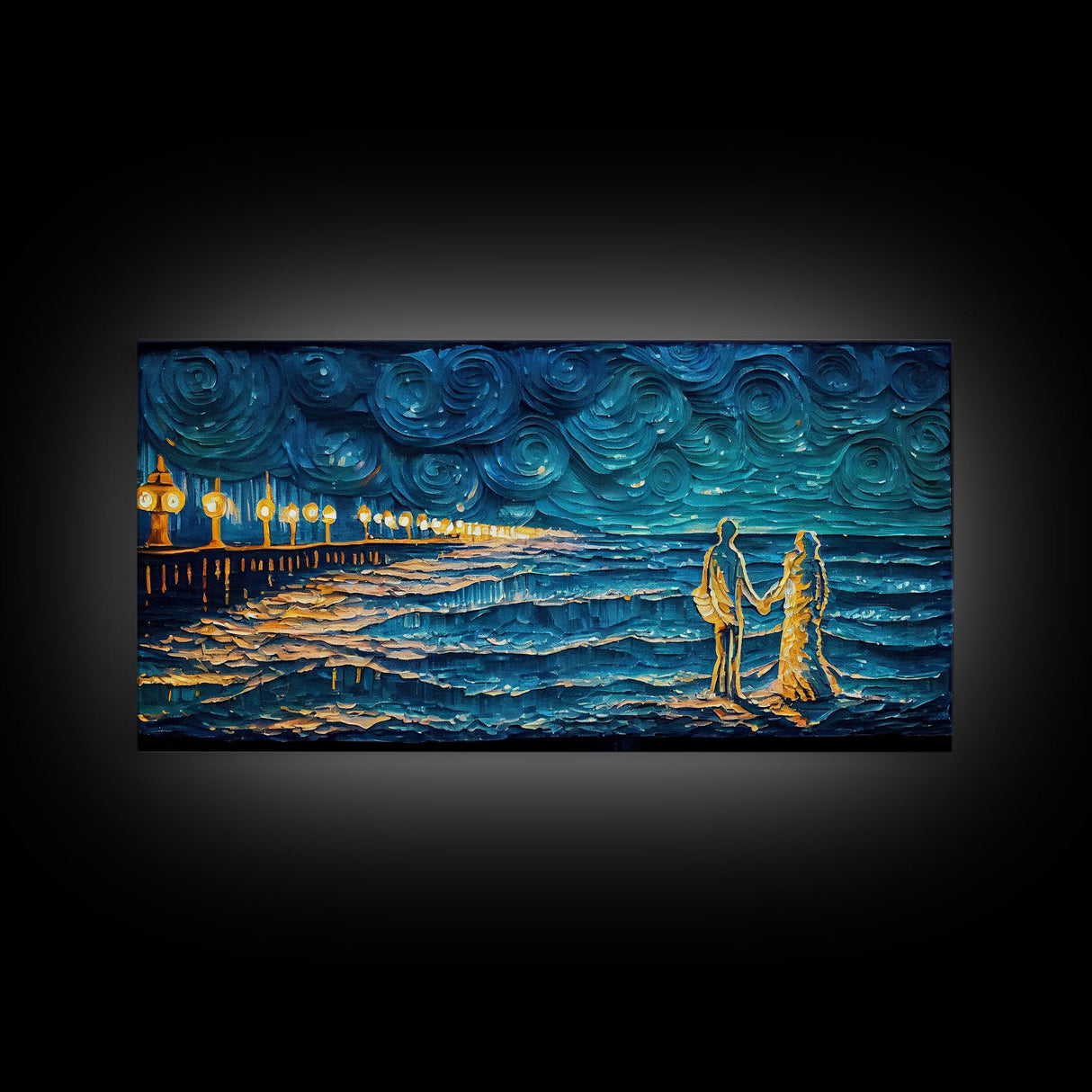 Couple Standing On The Beach, Abstract Art, Framed Canvas Print, Wood Framed Wall Art, Gift For Couples, Gift, Van Gogh Style Art