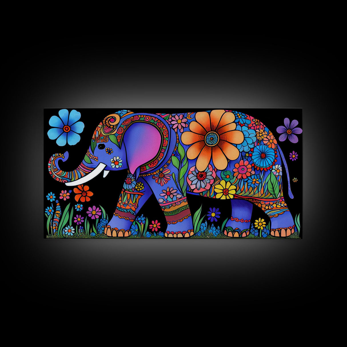 Elephant Art, Wall Art, Framed Canvas Print, Canvas Art, Indian Style Abstract Elephant With Flowers