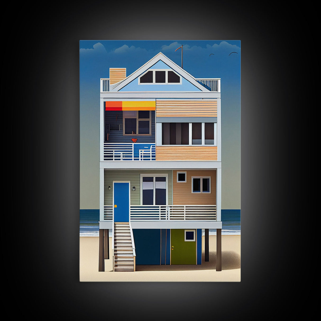 Whimsical Beach House Art, Framed Canvas Print, Cute Retro Beach House Painting, Wall Art