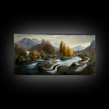 Scenic nature landscape canvas print, flowing river water color, fall scenic art, panoramic nature landscape