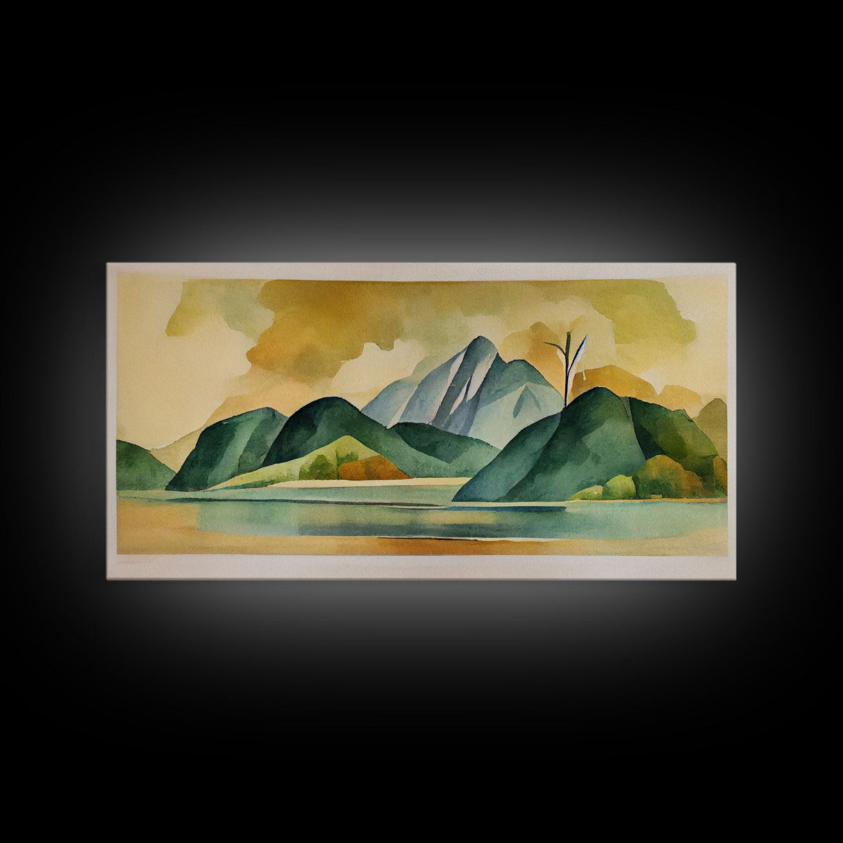 Serene Green Watercolor Landscape, Canvas Print, abstract wall art of a lake and mountains