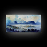 Panoramic Blue Mountain Valley Watercolour Art Canvas Print, Misty Rolling Hills Watercolor Landscape Painting Extra Large Panorama Print