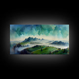 Panoramic Blue Green Mountain Valley Watercolor Canvas Art Print, Misty Rolling Hills Landscape, Extra Large Panorama Print