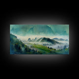 Panoramic Green Blue Foggy Mountain Valley Watercolor Canvas Art Print, Misty Rolling Hills Landscape, Extra Large Panorama Print