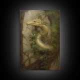 Majestic Green Dragon Wall Art, Framed Canvas Print, Dragon Fantasy Painting, Garden Dragon Abstract Fantasy Art