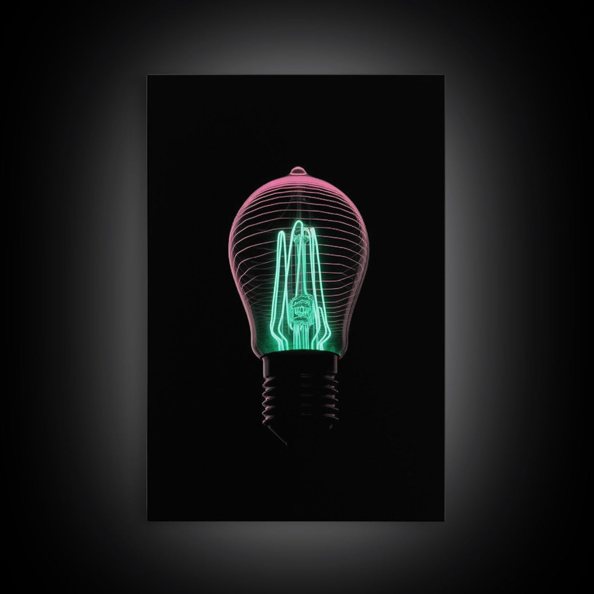 3D Light Bulb Wall Art, Neon Lights Art, Teal, Pink, Minimalist Print, Wall Decor, Canvas Print, Wall Art, Framed Canvas