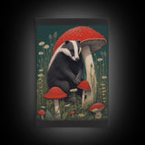 Badger Wall Decor, Cute Badger, Mushrooms Wall Decor, Animal Wall Art, Wall Decor, Canvas Print, Wall Art, Framed Canvas