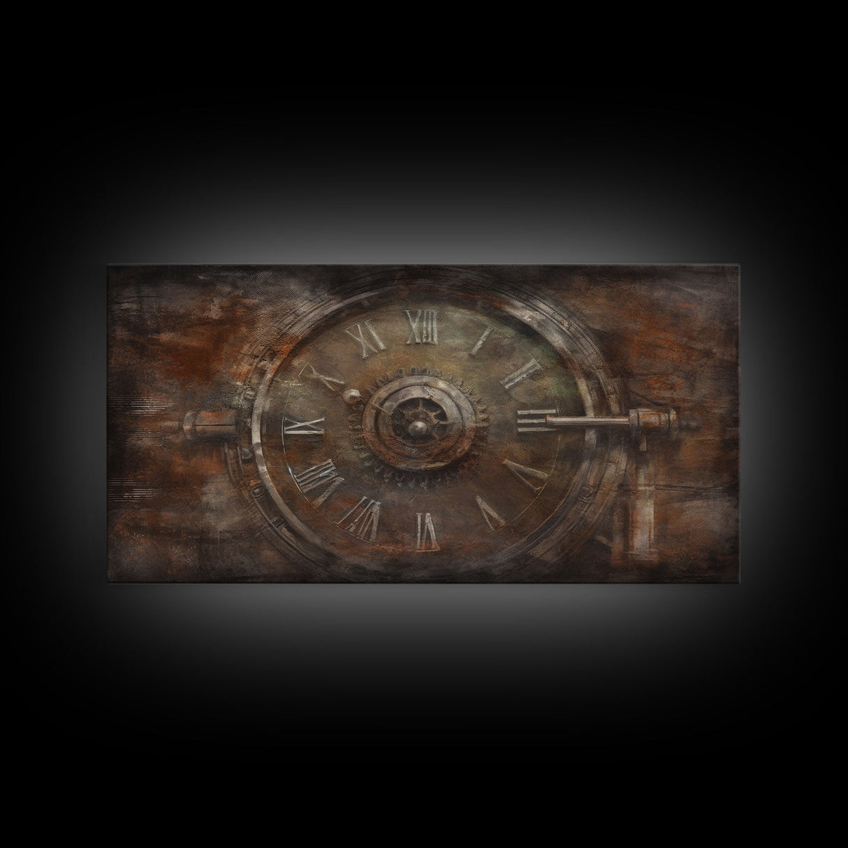 Clock Wall Decor, Steampunk Wall Art, Brown Grunge Wall Art, Panoramic Wall Decor, Canvas Print, Wall Art, Framed Canvas Art