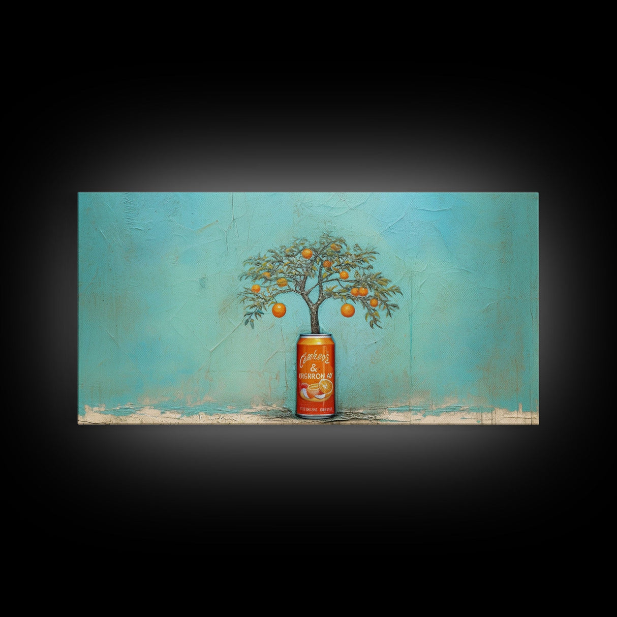 Orange Tree In Soda Can Wall Decor, Orange Wall Art, Plant Art, Teal Art, Panoramic Wall Decor, Canvas Print, Wall Art, Framed Canvas Art