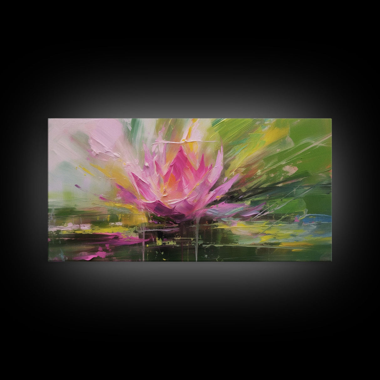 Oil Painting Pink Flower, Pink Water Lily Wall Art, Nature Wall Decor, Panoramic Wall Decor, Canvas Print, Wall Art, Framed Canvas Art