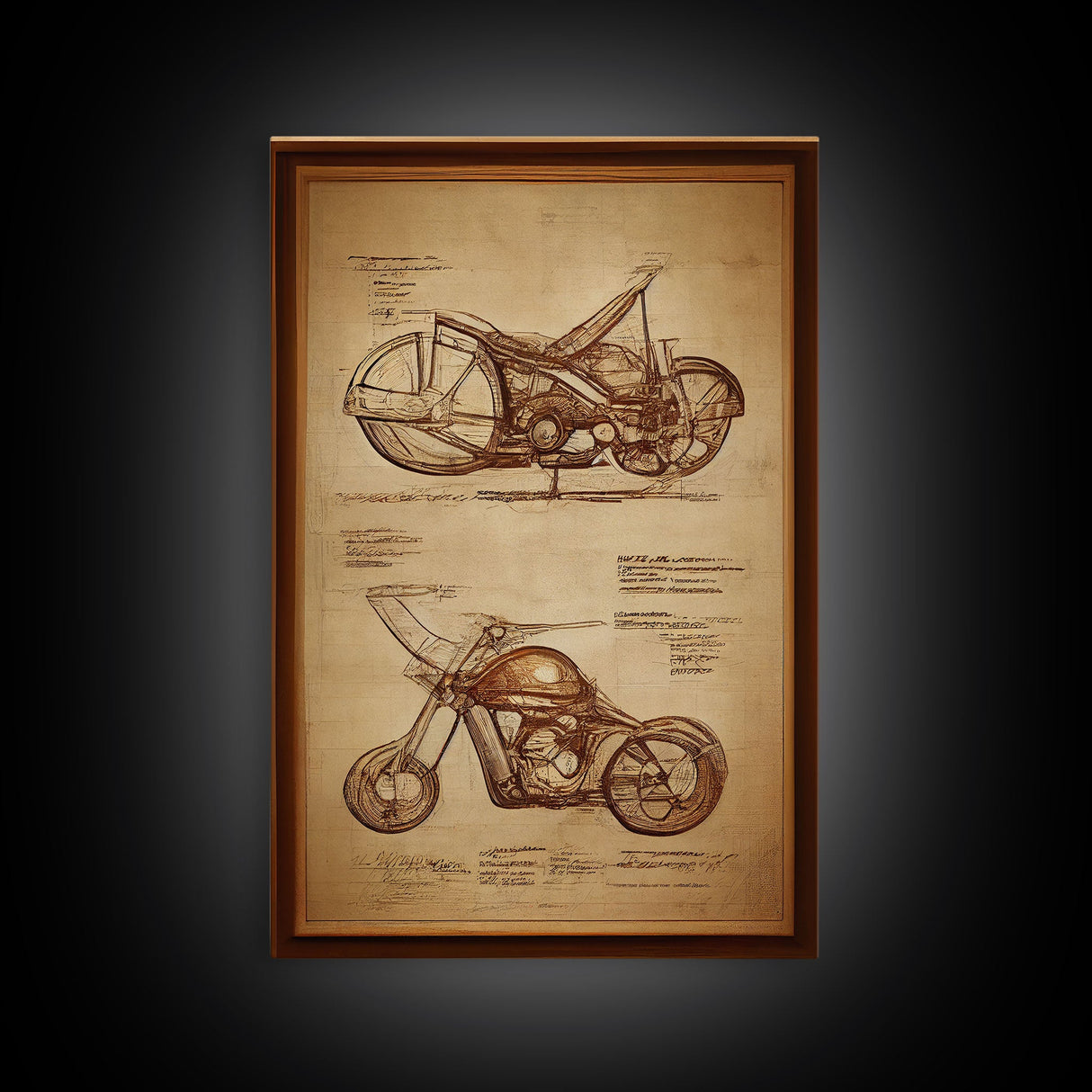 Steampunk motorcycle diagram wall art, canvas print, mancave decor, Da Vinci style diagram motorcycle art, abstract man cave art