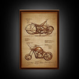 Steampunk motorcycle diagram wall art, canvas print, mancave decor, Da Vinci style diagram motorcycle art, abstract man cave art