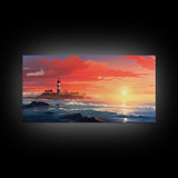 Lighthouse Decor, Nautical Wall Art, Ocean Wall Art, Sunset Wall Print, Panoramic Art, Wall Art, Canvas Art, Landscape Art, Apartment Art