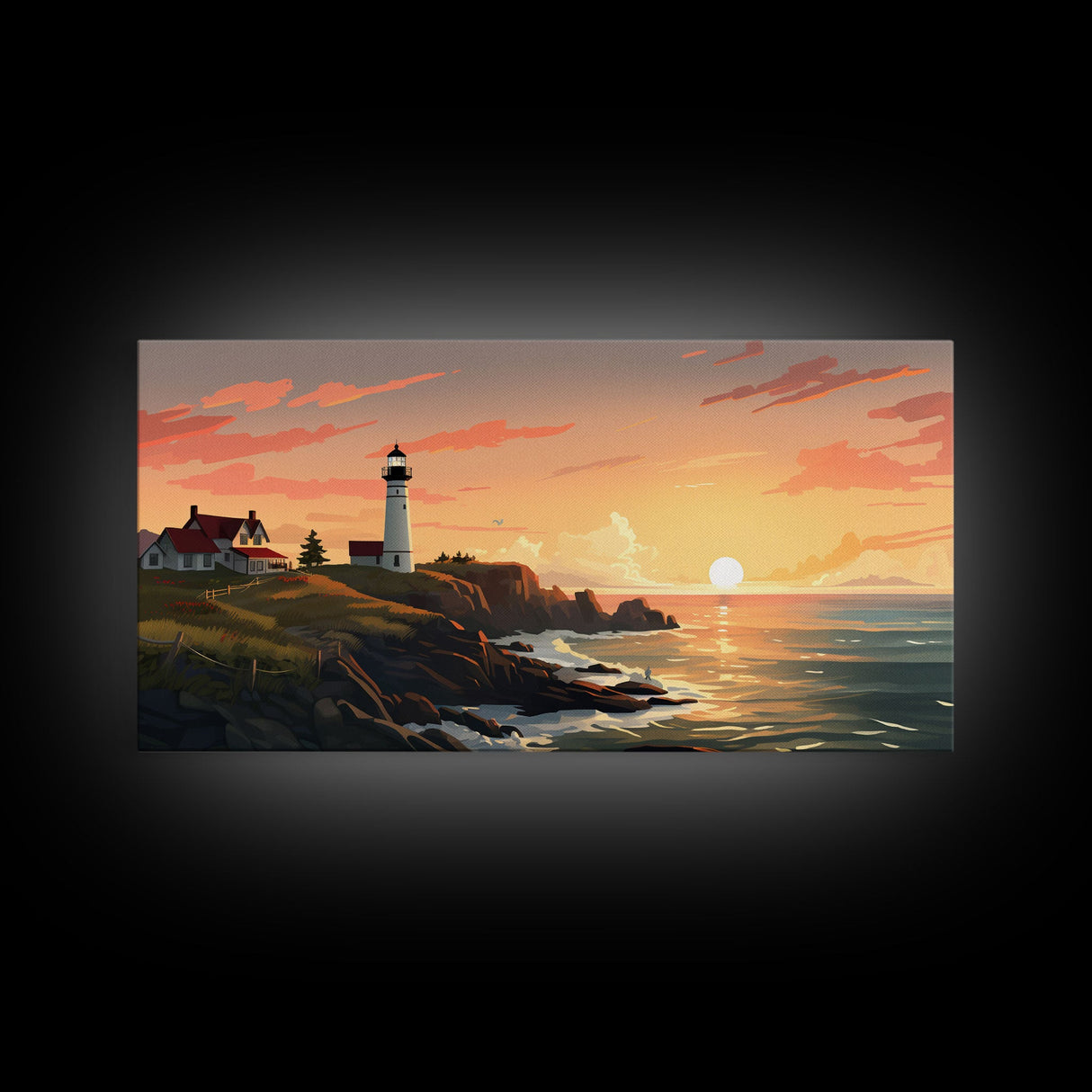 Lighthouse Painting, Nautical Wall Art, Sunset Wall Print, Panoramic Art, Wall Art, Canvas Art, Landscape Art, Above Couch Wall Art, Prints