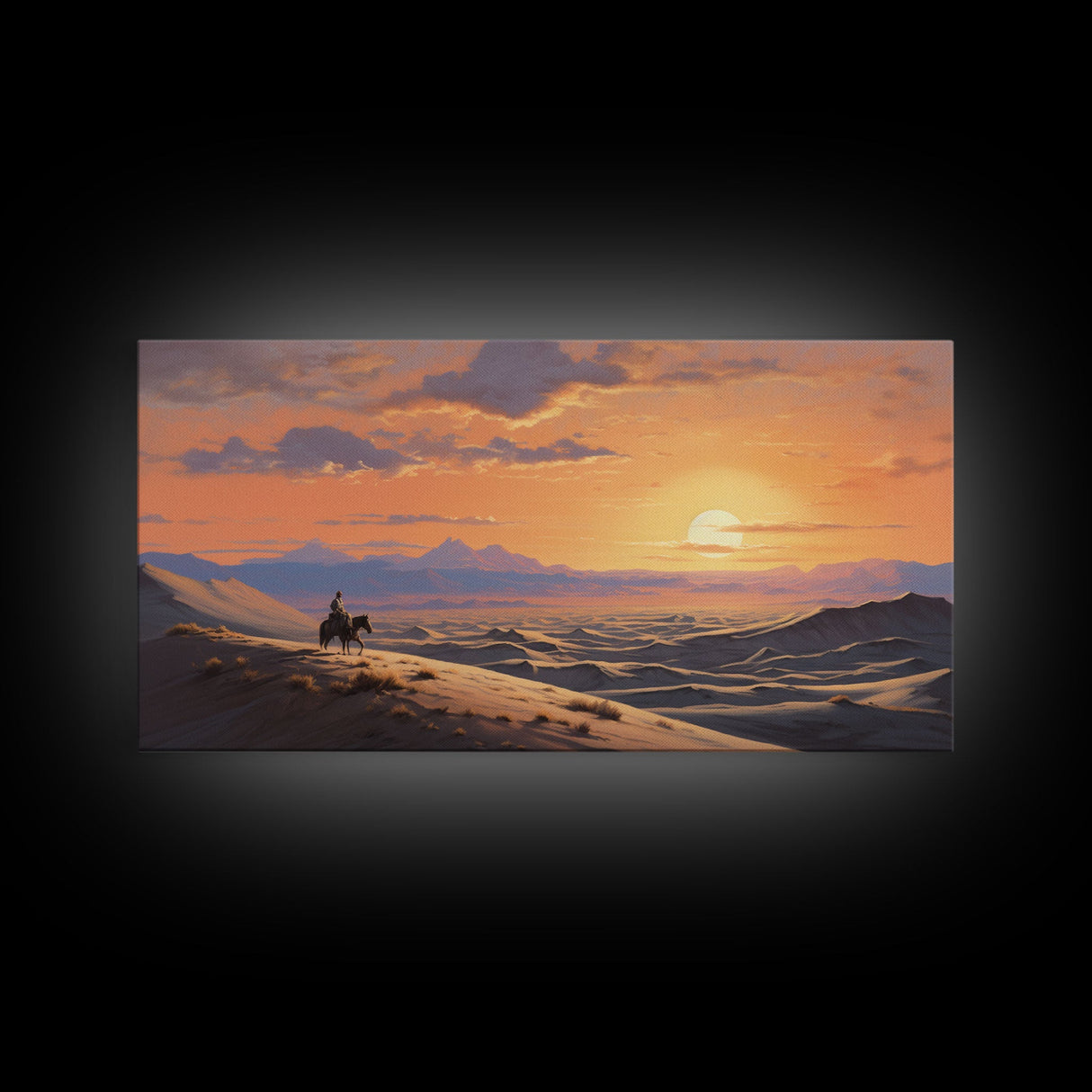 Desert Wall Art, Sunset Wall Print, Cowboy, Horse Art, Panoramic Art, Wall Art, Canvas Art, Landscape Art, Western Wall Decor, Gift For Men