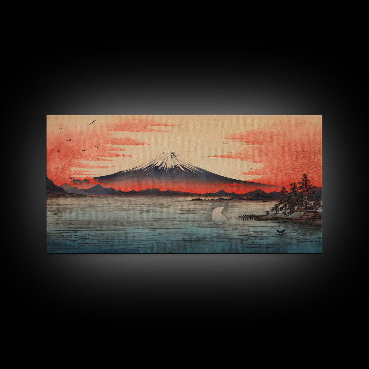 Volcano, Japanese Art, Asian Landscape, Panoramic Art, Wall Art, Canvas Art, Landscape Art, Gift For Him, Modern Home Decor, Home Decor Art